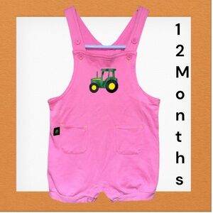John Deere Baby Overalls Sz 12 Months Pink Green Tractor Sleeveless Romper
